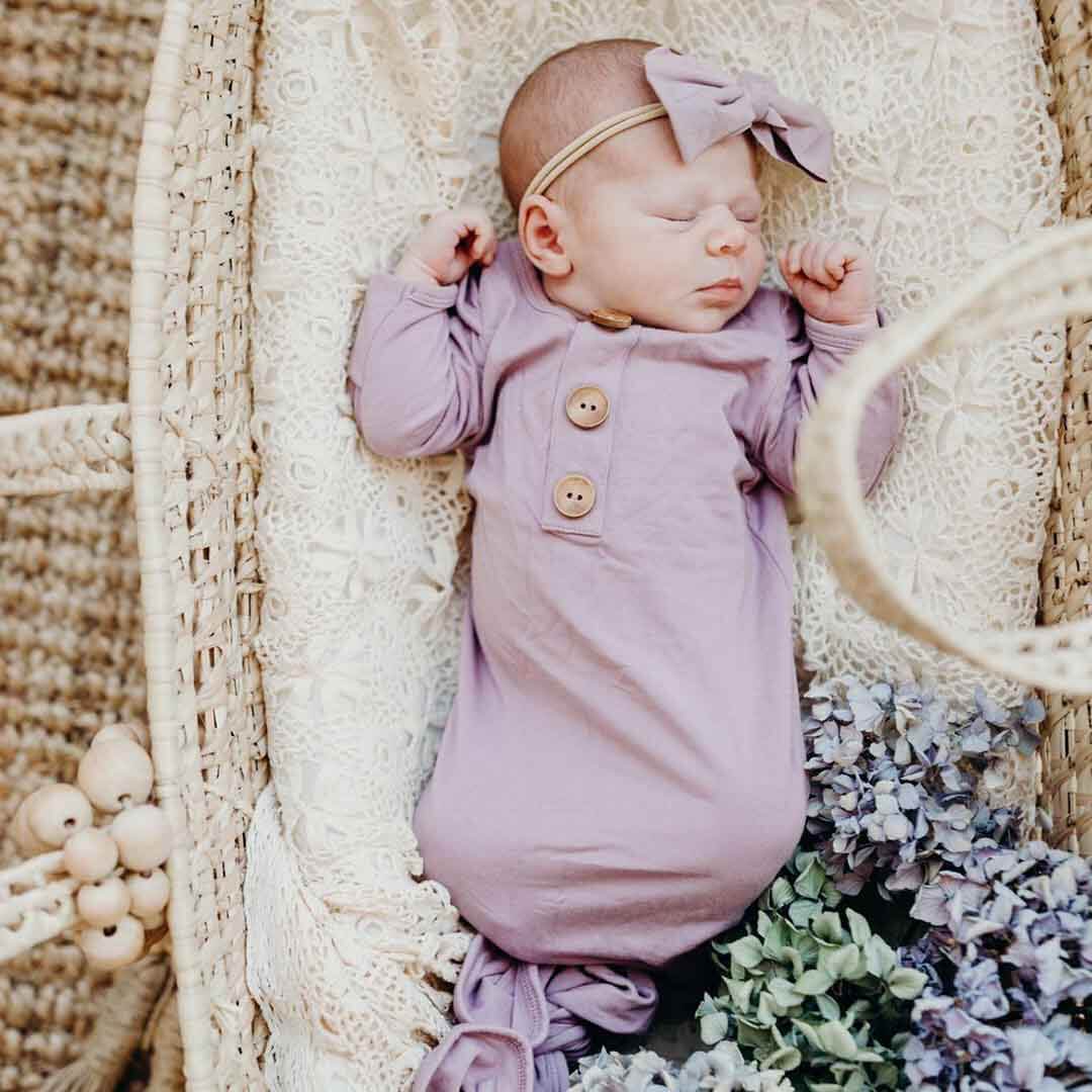 Caden Lane Newborn Knotted Gown With Hat - Soft Bamboo Viscose Baby Sleepwear, Unisex Infant Nightgown