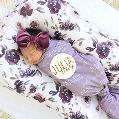 dusty purple personalized baby name swaddle block and script 