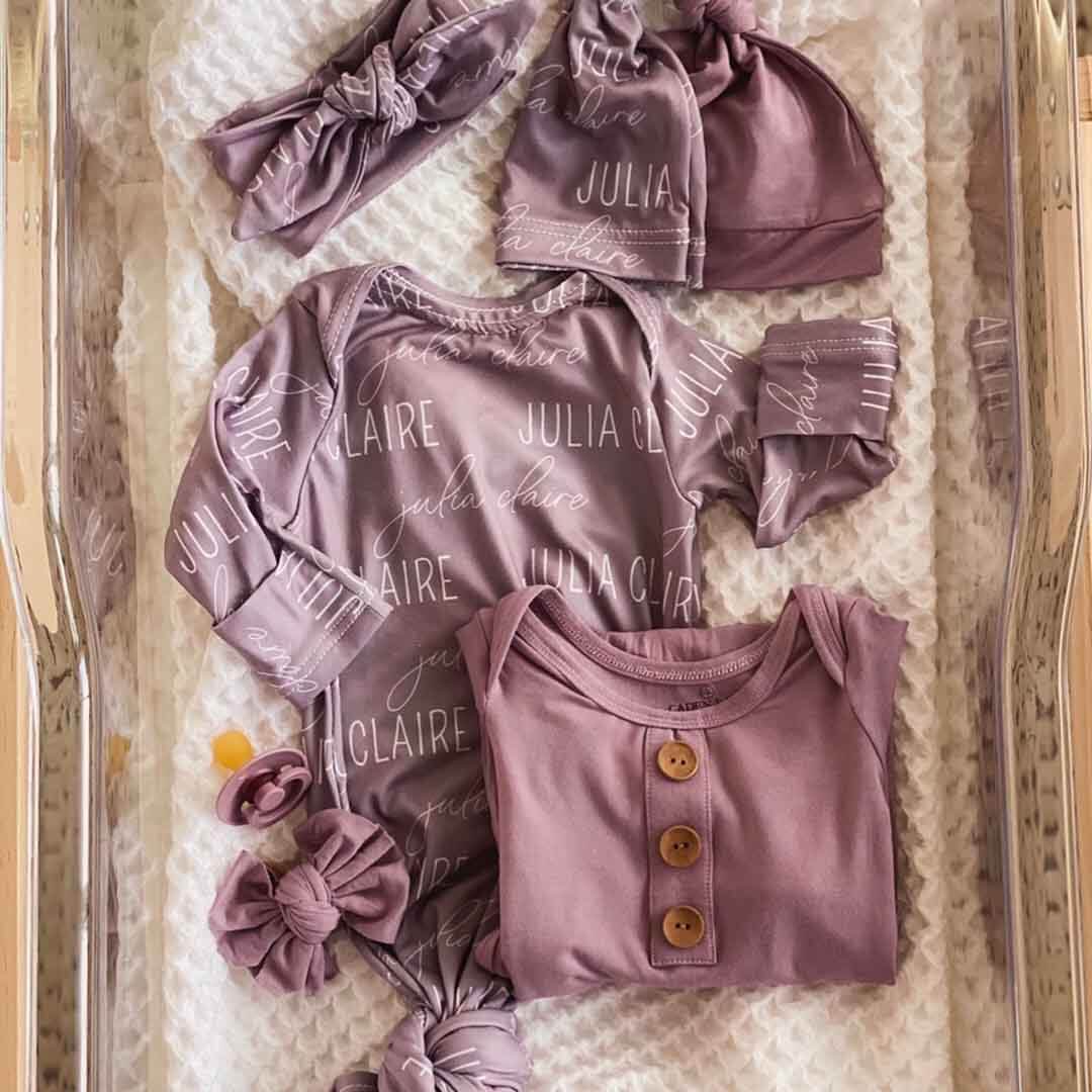 Personalized Newborn Baby Knot Gown | Solid Dusty Purple