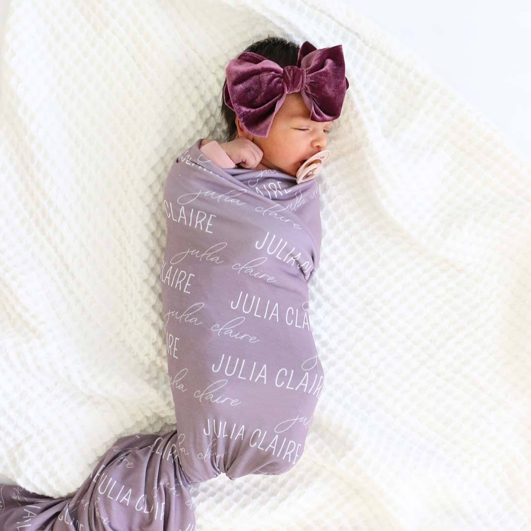 dusty purple personalized swaddle blanket with name 