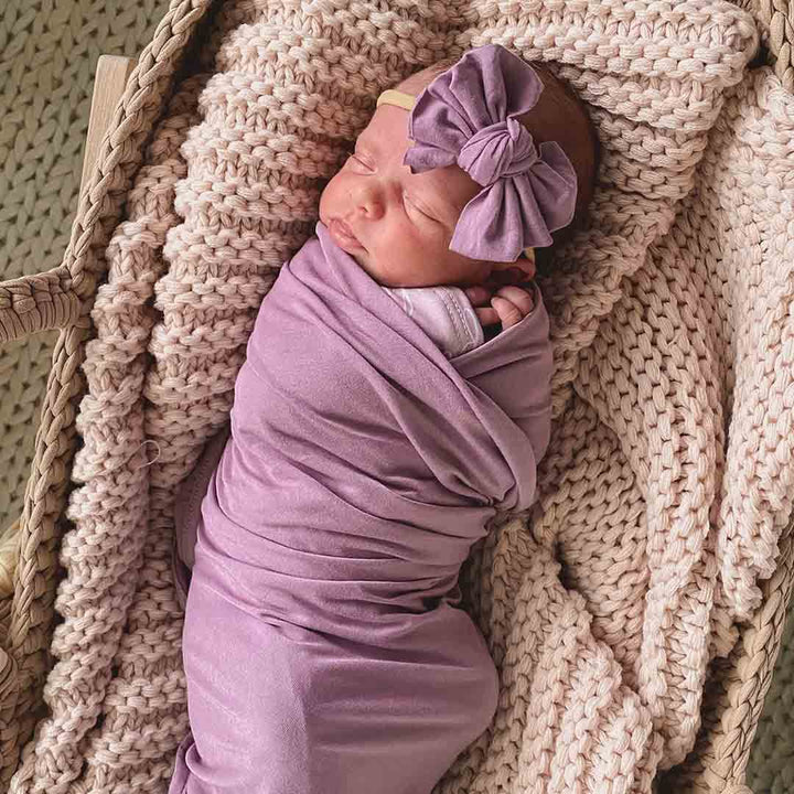 purple bamboo knit swaddle blanket for newborns