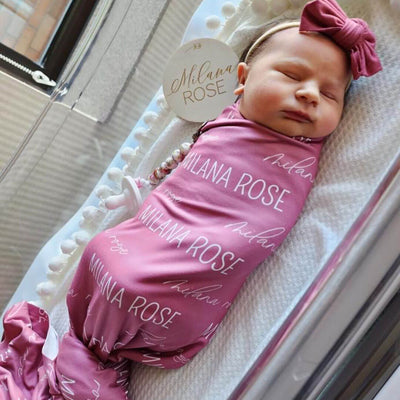 dusty rose personalized swaddle blanket block and script
