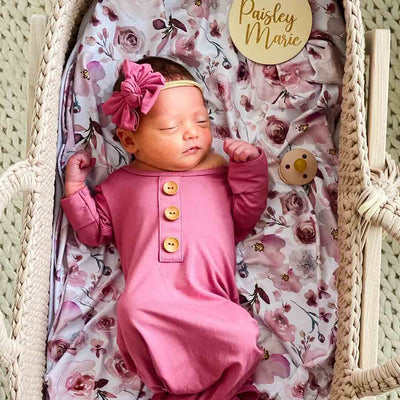 solid dusty rose bamboo baby knot gown and hat set 