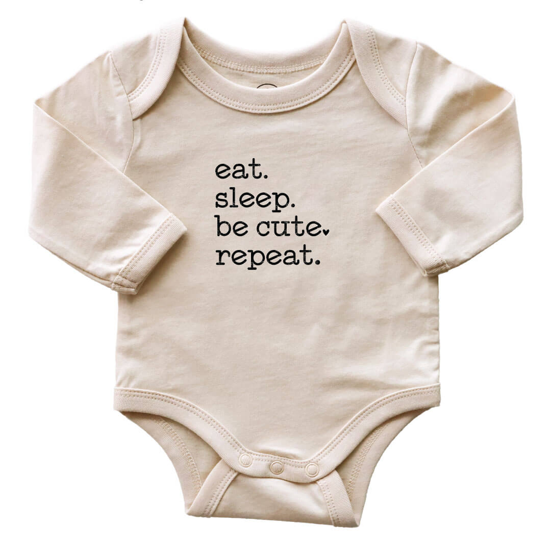 eat sleep be cute long sleeve graphic bodysuit for babies 