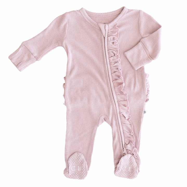 Embroidered Bamboo Waffle Zipper Ruffle Footie | Elderberry