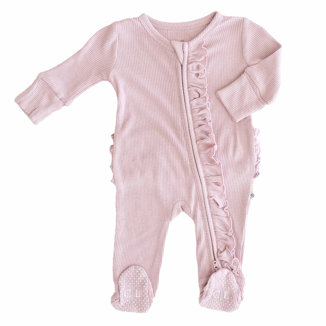 Embroidered Bamboo Waffle Zipper Ruffle Footies | In Bloom