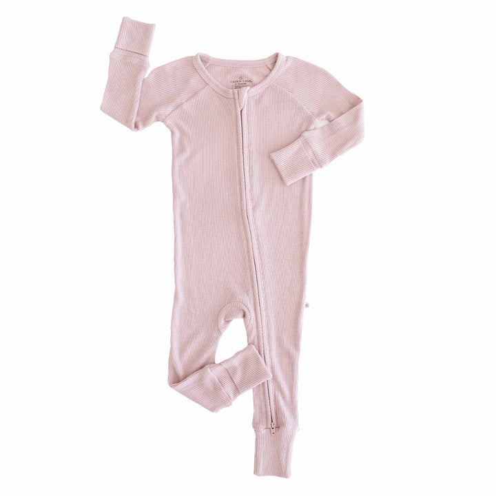 light pink/purple caden lane bamboo waffle convertible zip romper for girls 