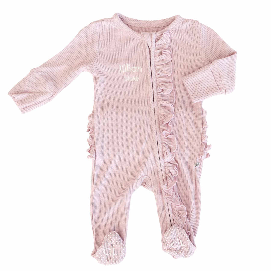 Embroidered Bamboo Waffle Zipper Ruffle Footies | In Bloom
