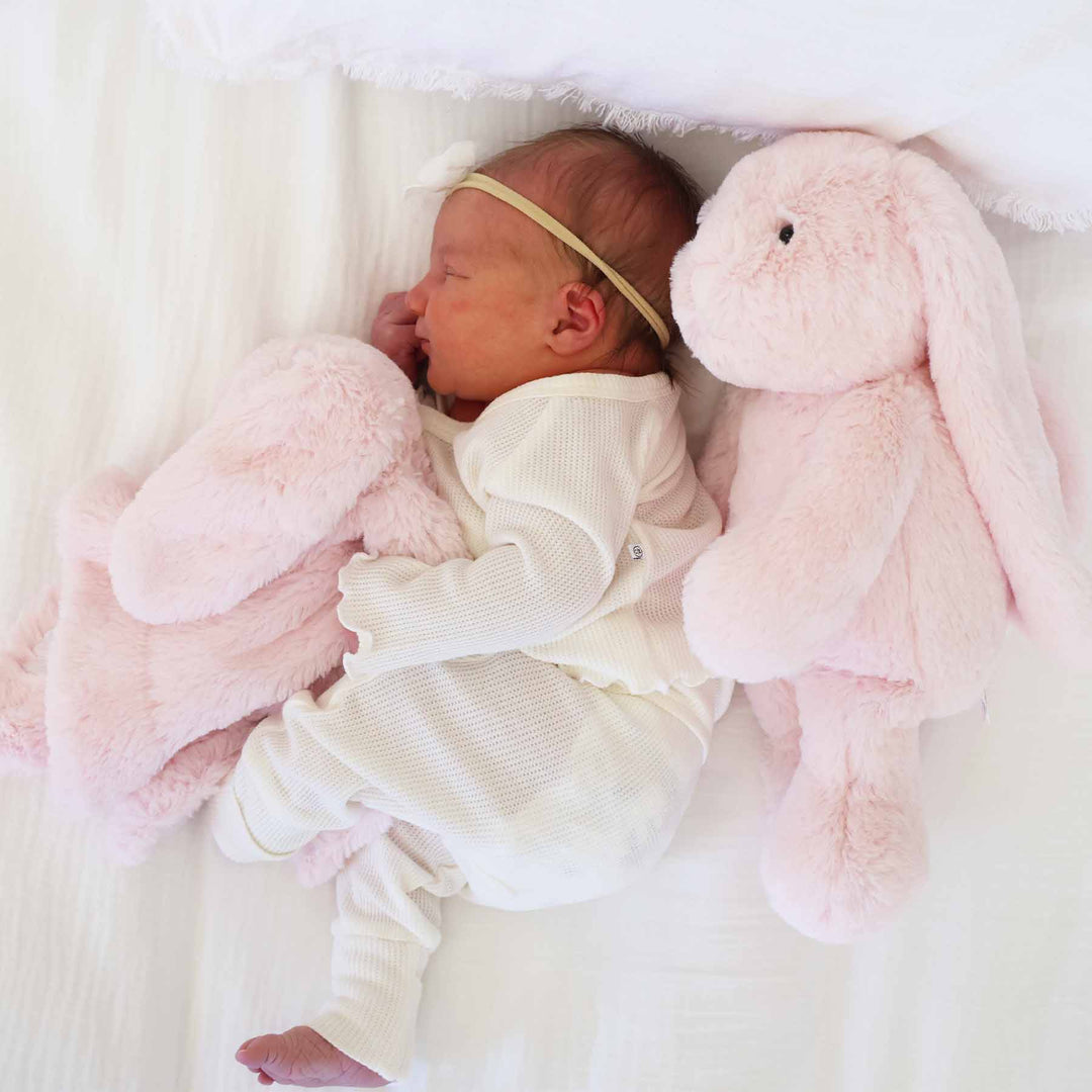 embroidered light pink bunny stuffed animal and lovey for baby girls 