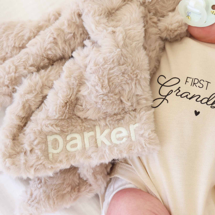 baby embroidered puppy lovey with cream thread and block font 