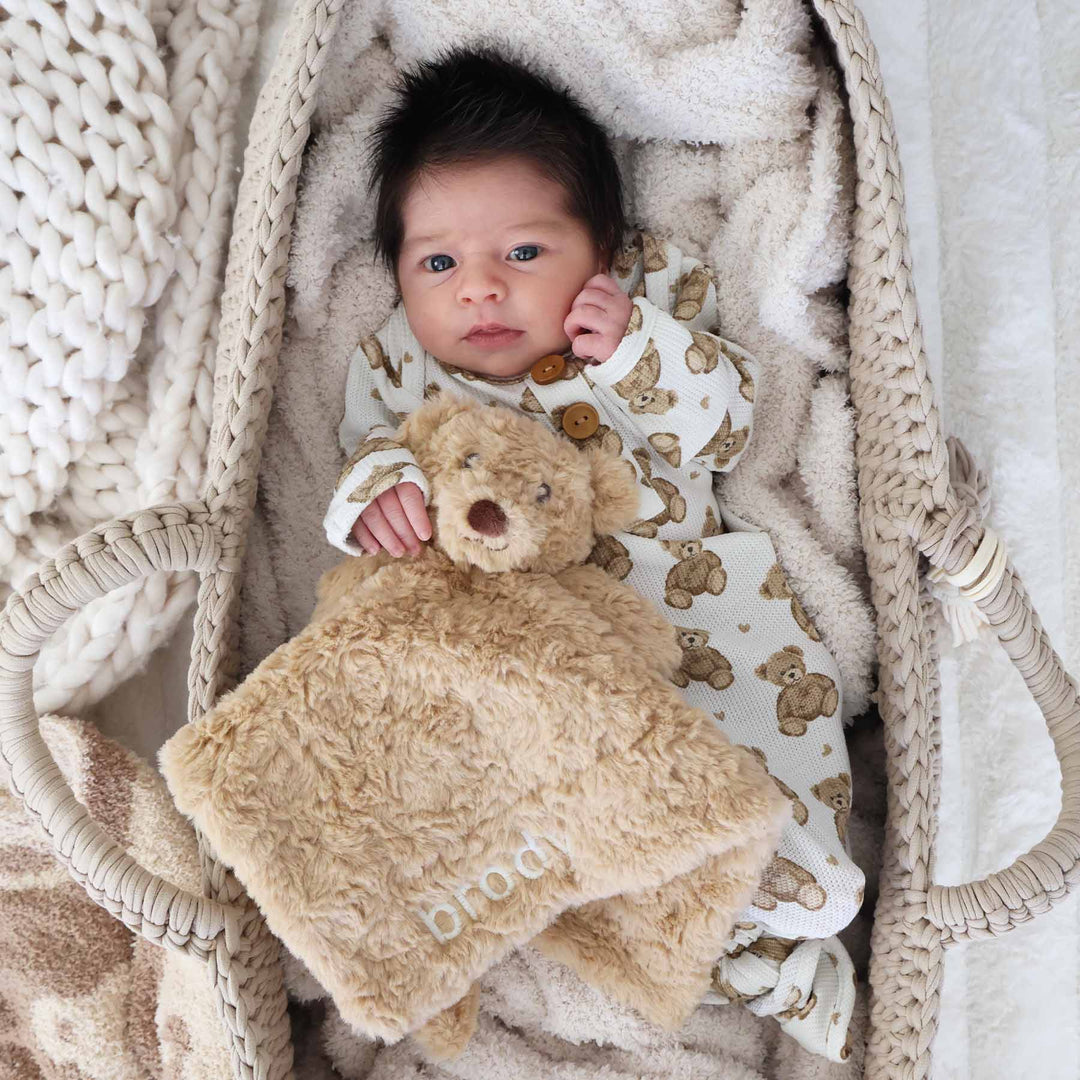 brown teddy bear embroidered lovey for babies 