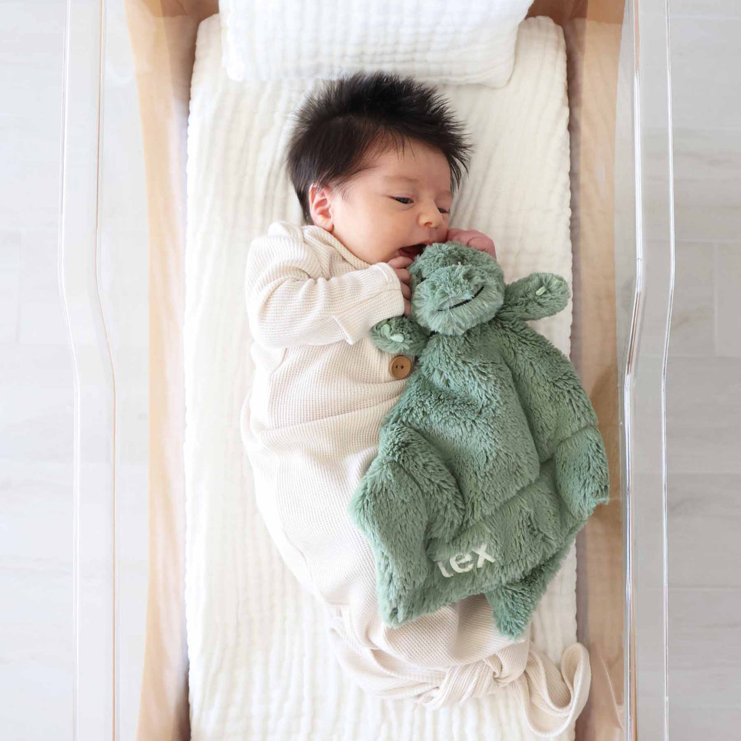 green embroidered t-rex lovey for babies 