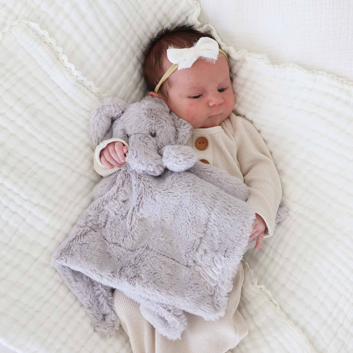 white thread script font elephant lovey for babies gender neutral