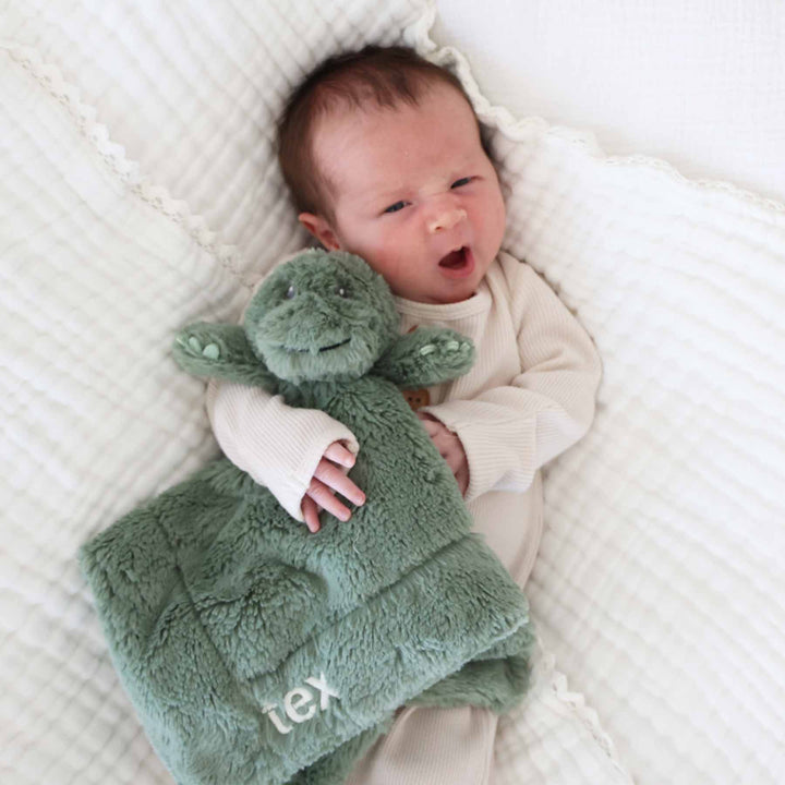 baby in neutral knot gown holding an embroidered dinosaur lovey