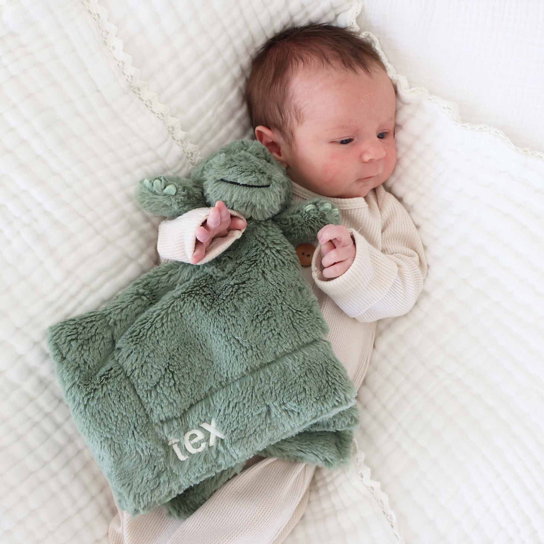 embroidered dinosaur baby lovey green