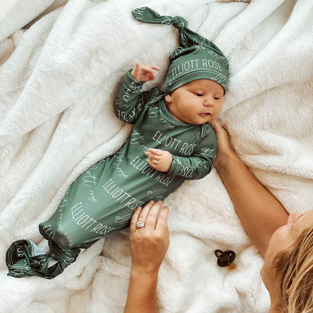Custom Solid Emerald Personalized Newborn Baby Knot Gown Caden Lane