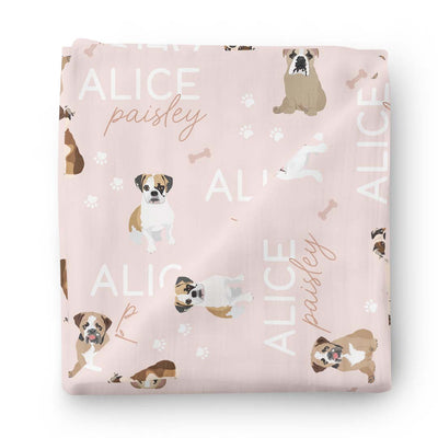 pink english bulldog personalized swaddle blanket 