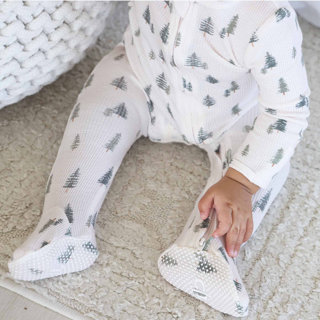 double zipper footie for babies with pine trees