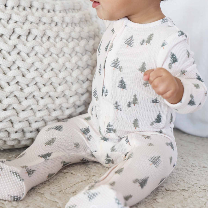 evergreen tree bamboo waffle zipper footie for babies 