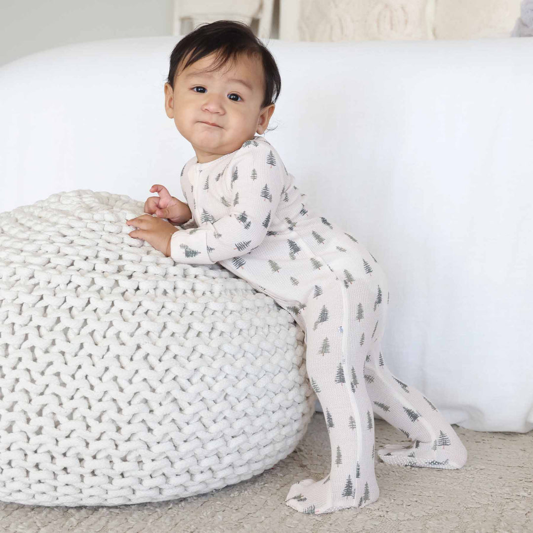 evergreen bamboo waffle zipper footie beige and green