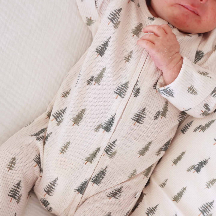 pine tree baby boy zipper footie made of bamboo waffle fabric 