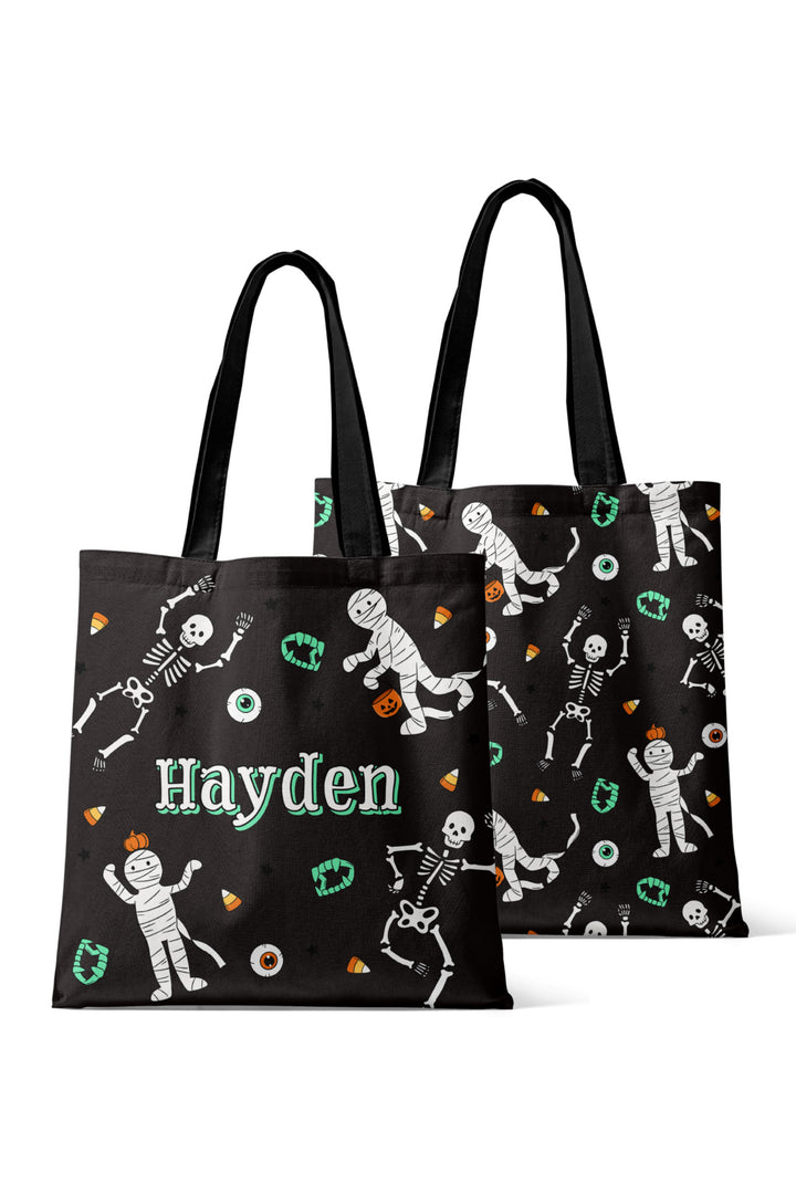Black tote bag with Halloween-themed design and 'Hayden' text on a white background