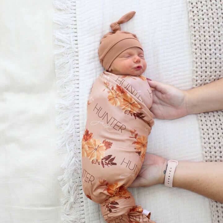 fall boy personalized swaddle with pumpkins and leaves 