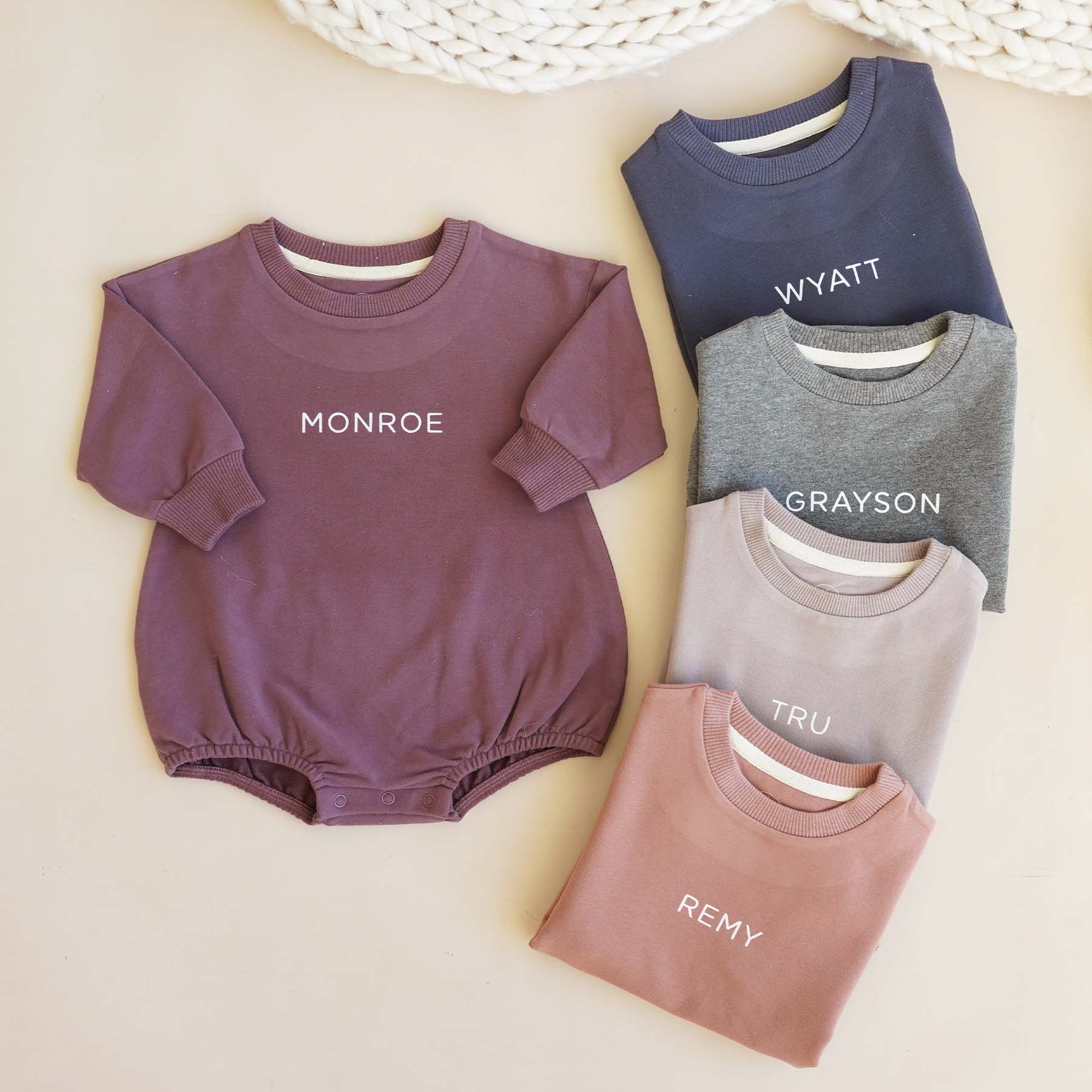 Personalized Sweatshirt Bubble Romper | Moody Solids