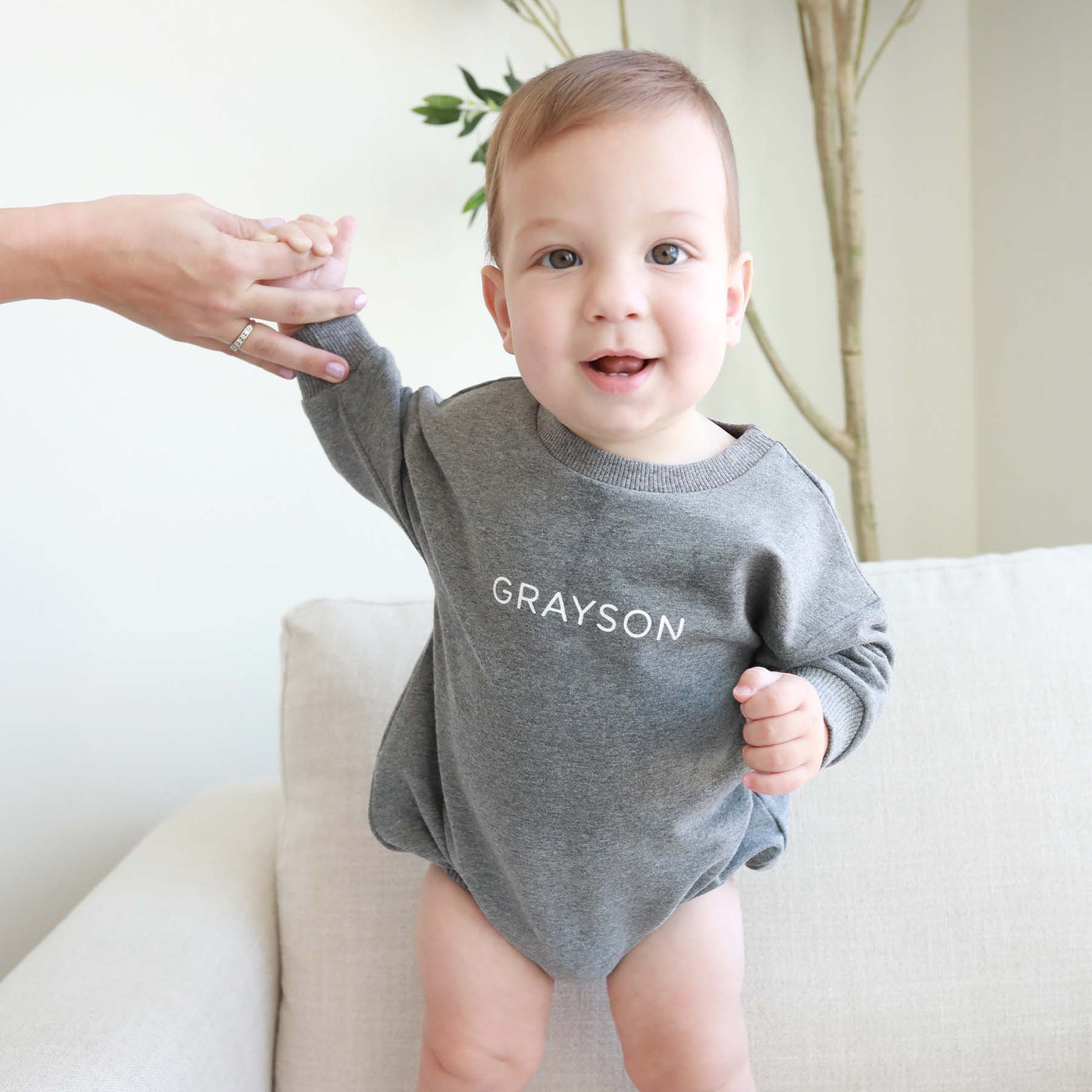 fall bubble romper for babies personalized heather grey