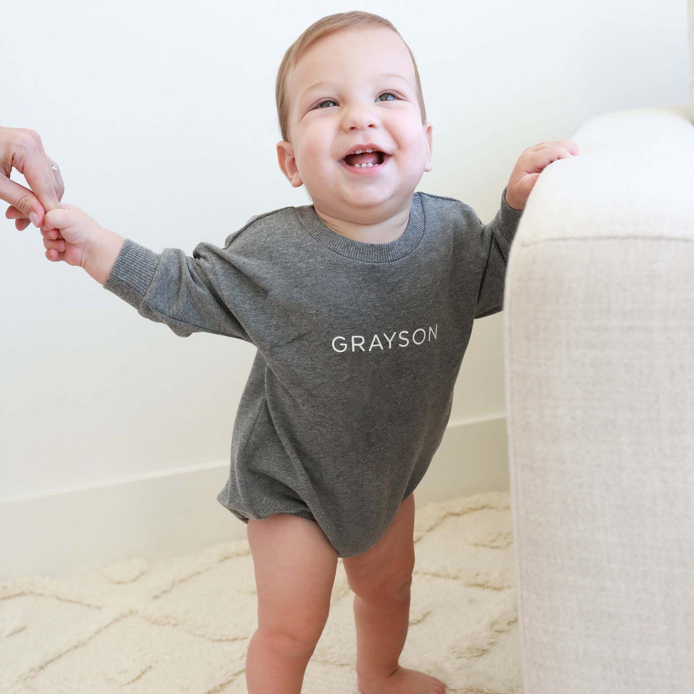 gray personalized sweatshirt bubble romper for baby 