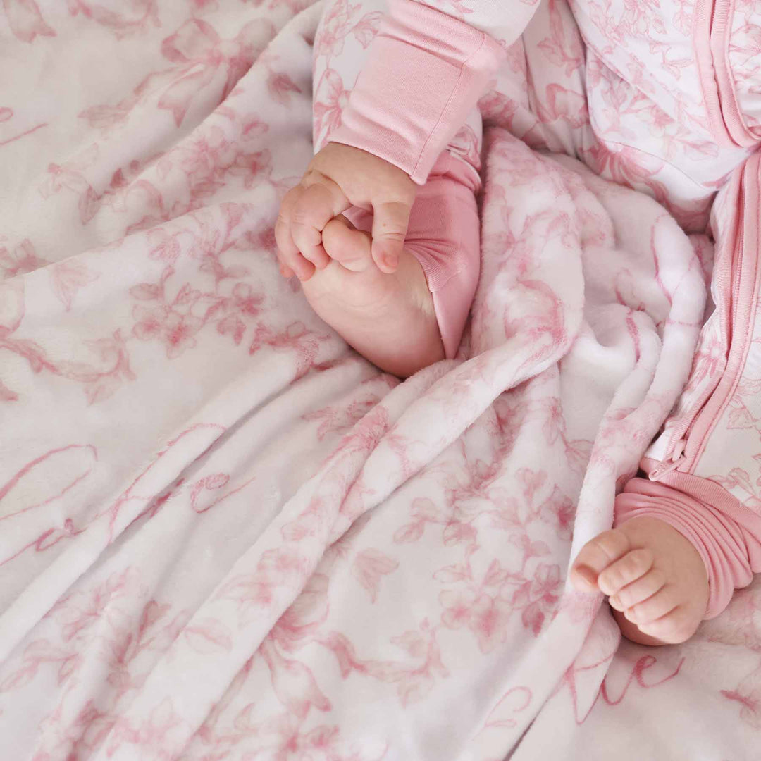 white and pink bow and floral personalized girls blanket 