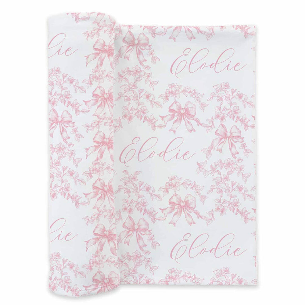 pink bow and floral on white personalized name swaddle or newborn girls 