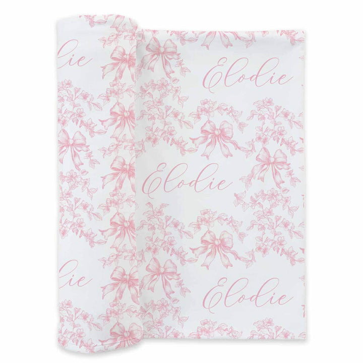 pink bow and floral on white personalized name swaddle or newborn girls 