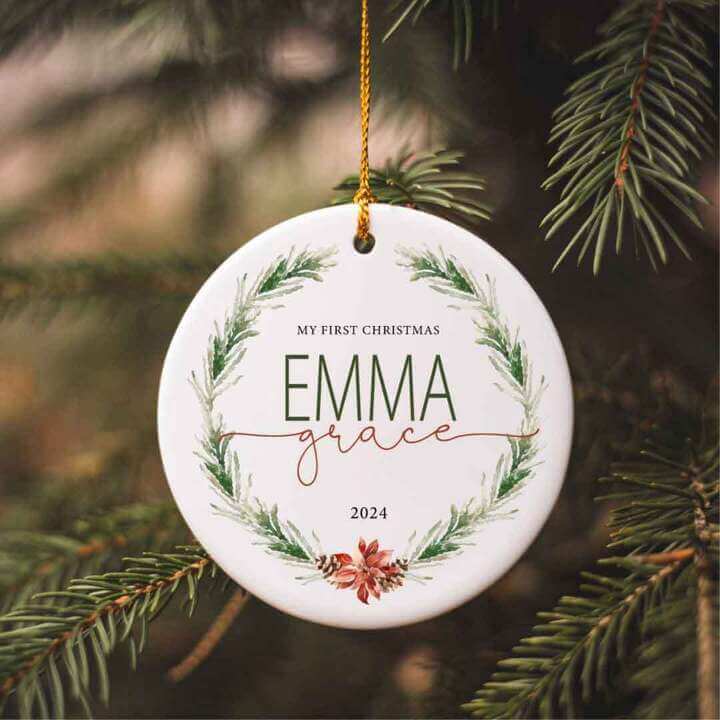 personalized wreath baby's first christmas ornament 