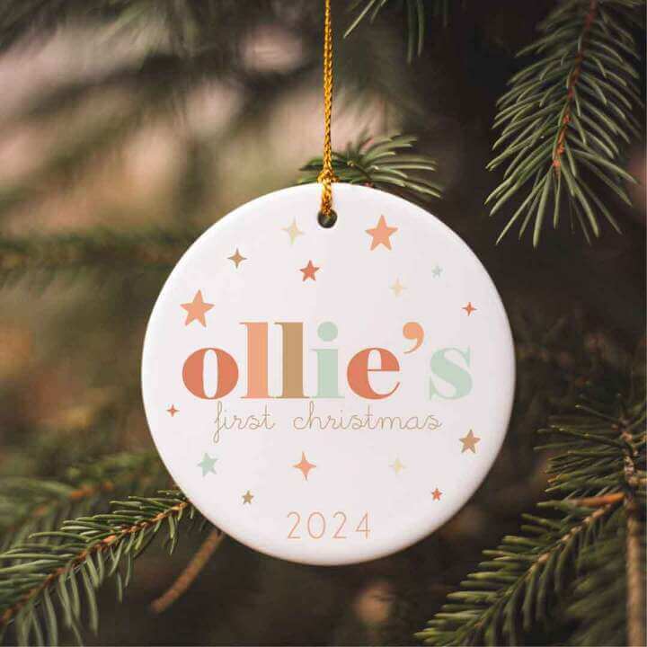 baby's first christmas pastel font personalized ornament 