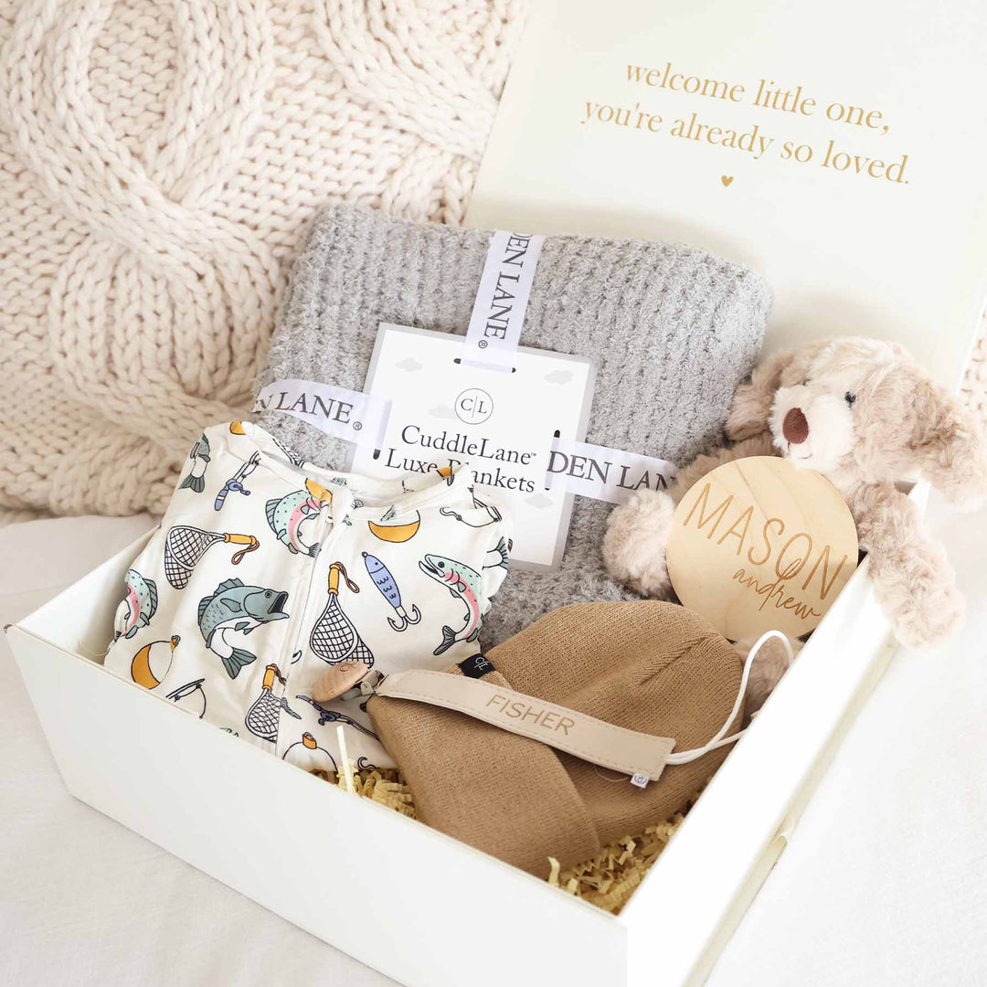 standard - fishing footie, blanket, beanie, name sign and puppy stuffed animal baby shower gift box for boys