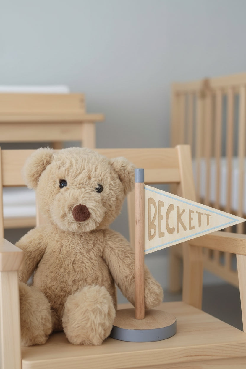 flag personalized wood sign for baby boys with round stand 