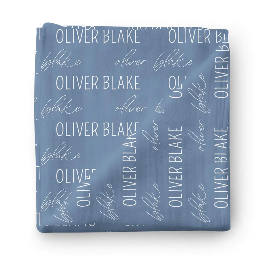 block and script steel blue personalized swaddle 