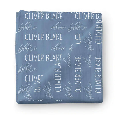 block and script steel blue personalized swaddle 