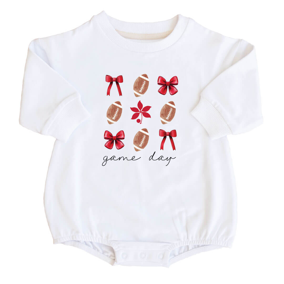 The Ohio State University | Footballs & Bows Graphic Sweatshirt Bubble Romper