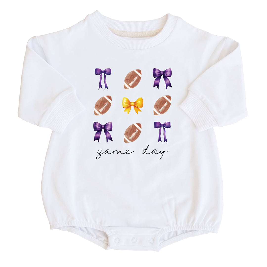 Louisiana State University | Footballs & Bows Graphic Sweatshirt Bubble Romper