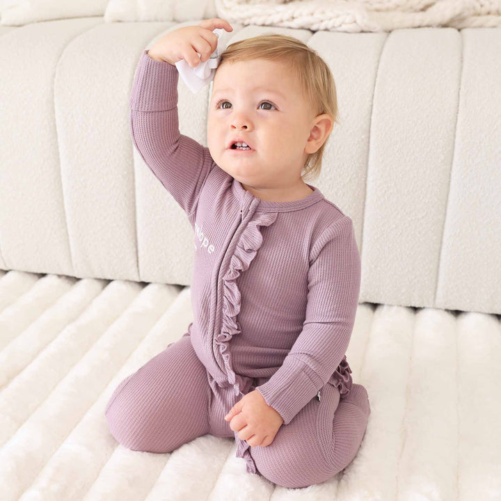 embroidered bamboo waffle zipper footie for girls purple 