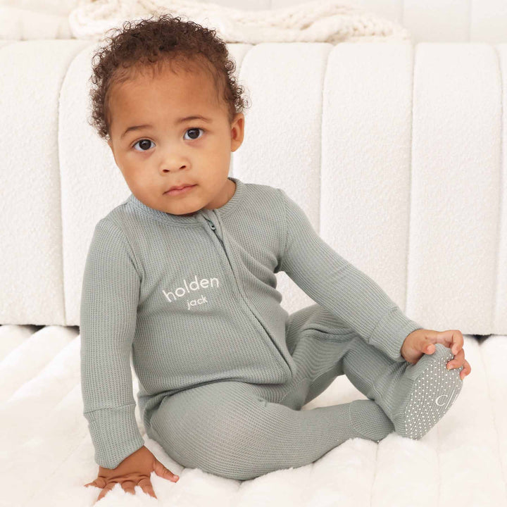 caden lane bamboo waffle seagrass embroidered zipper footie for babies 