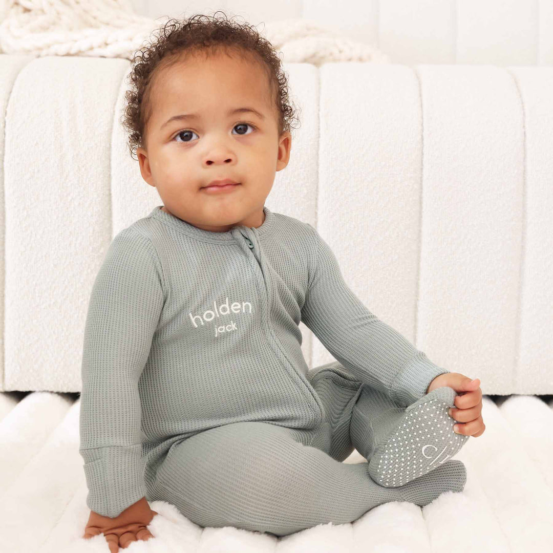 light green embroiderable bamboo waffle zipper footie for babies and newborns 