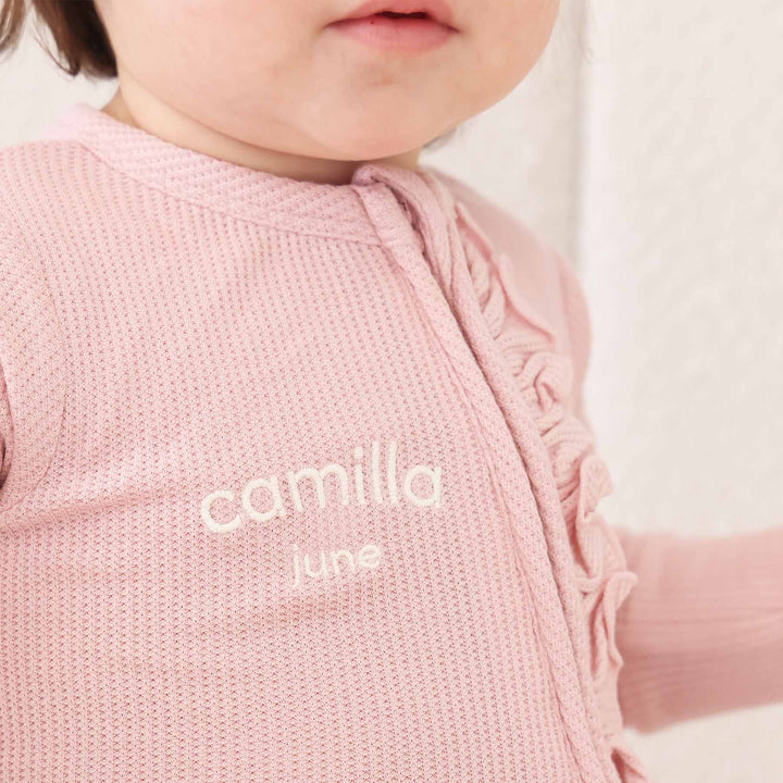 light pink bamboo waffle embroidered baby footie with ruffles 