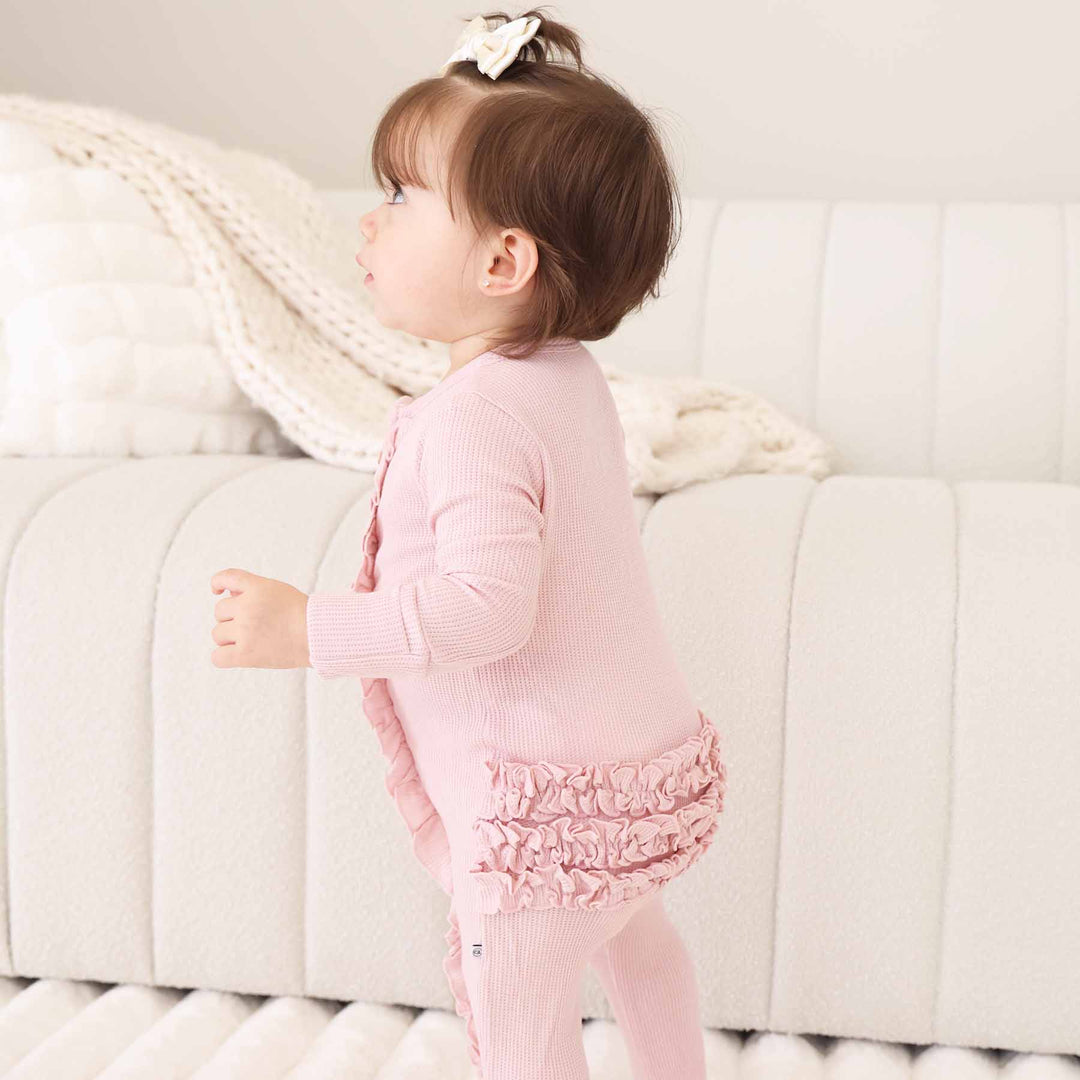 light pink embroidered ruffle bottom zipper footie for baby girls 