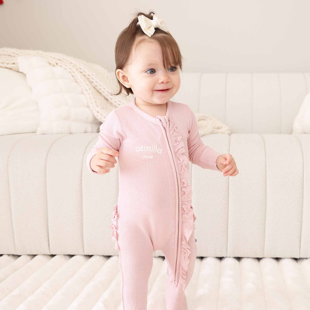 embroidered light pink bamboo waffle zipper footie for baby girls 