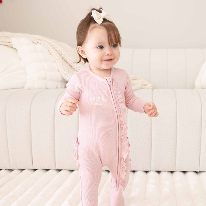 embroidered light pink bamboo waffle zipper footie for baby girls 