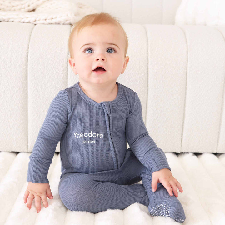 dark blue personalized zipper footie