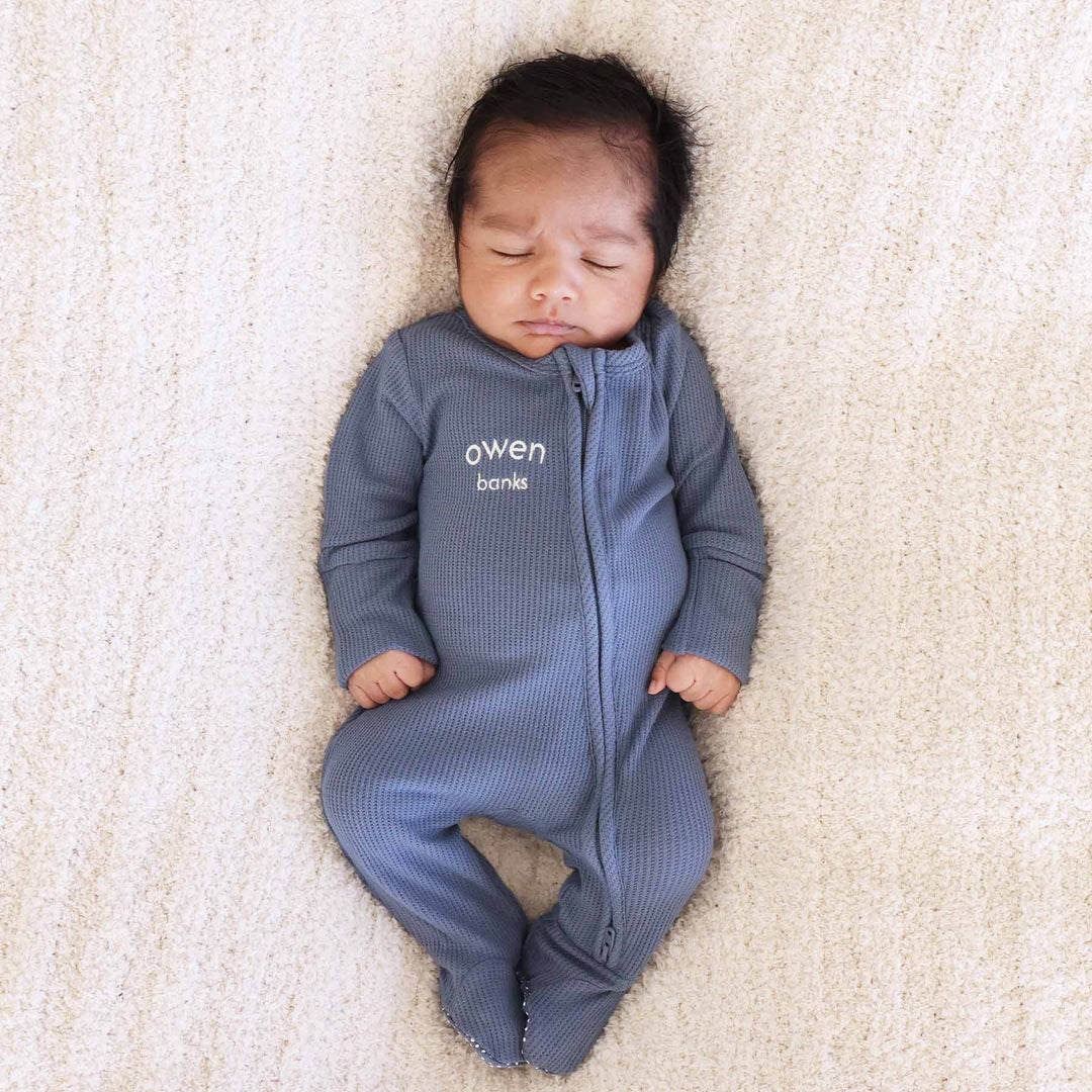 baby boy dark blue white thread embroidered name footie bamboo waffle